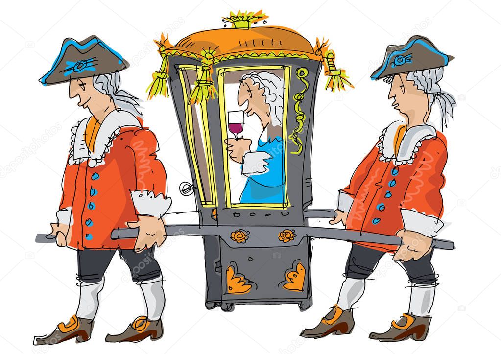 Two porters bring covered sedan chair with important person inside. Caricature. Cartoon.