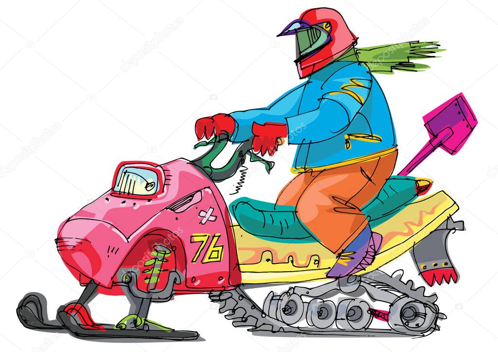 A man is riding snowmobile. Winter extreme sport concept. Cartoon. Caricature.