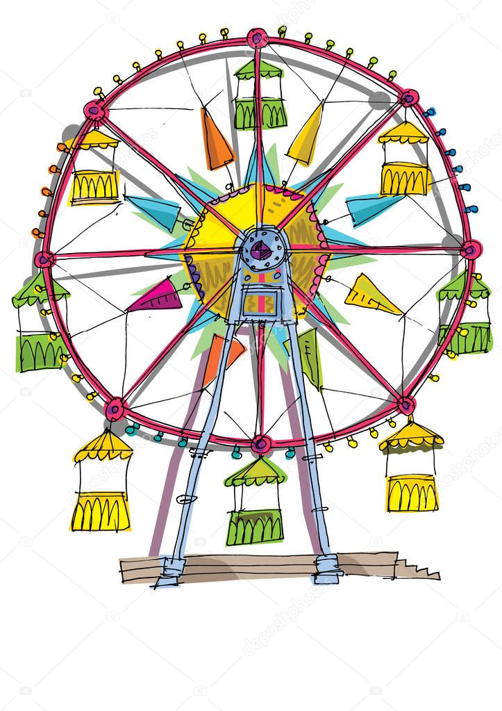 Ferris wheel in a theme park. Funny happy holiday with children. Entertainment.  Rides. Cartoon. Caricature.