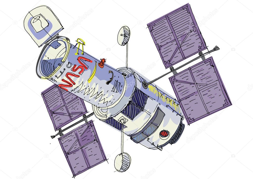 A space based orbital telescope, scientific astrophysic satellite. Cartoon. Caricature.