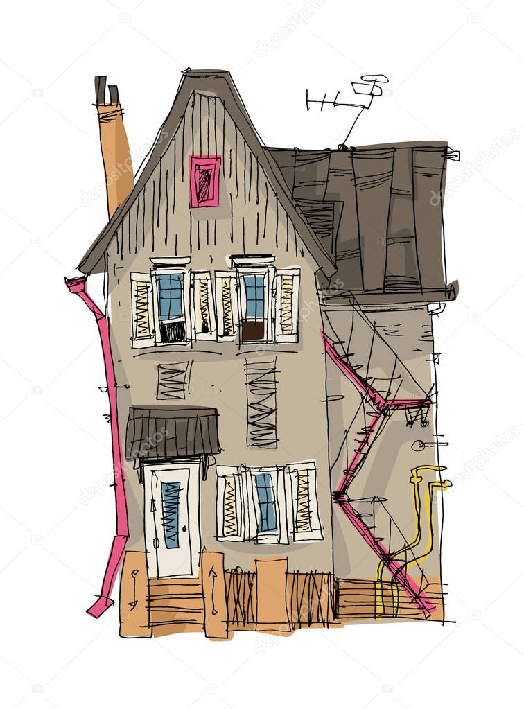 Vintage facade. Cartoon. Nice old cottage with a staircase and a chimney on the roof.