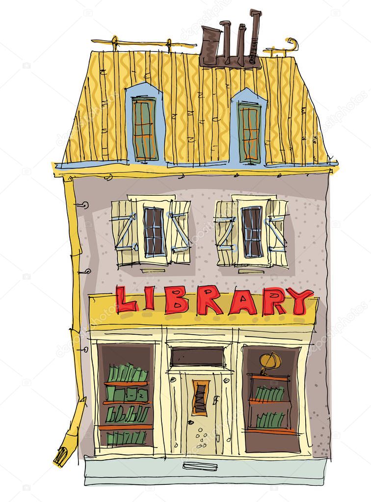 a small ancient building with a library or a bookstore on the first floor. cartoon