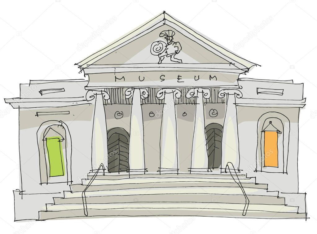 A facade of museum. Classical architecture. Cartoon. Caricature.