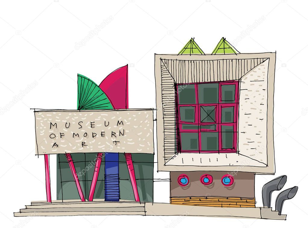 A facade of contemporary art museum. Modern architecture. Cartoon. Caricature.