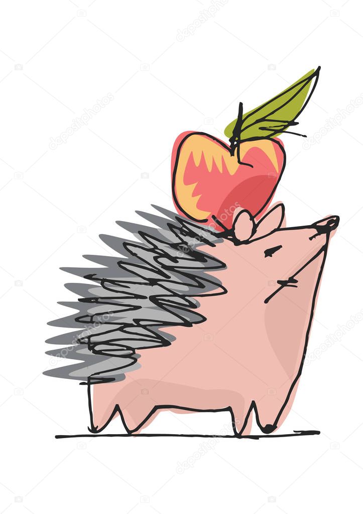 cute hedgehog with an apple on the back