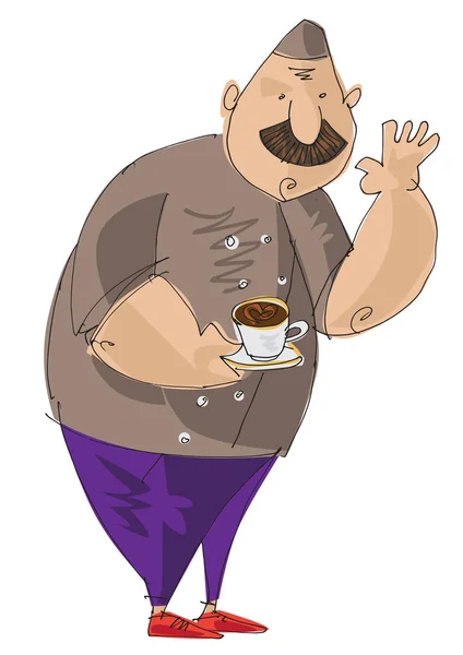 Whiskered Cook Holding Cup Coffee Picture Foam Surface Cartoon Restaurant — Stock Vector