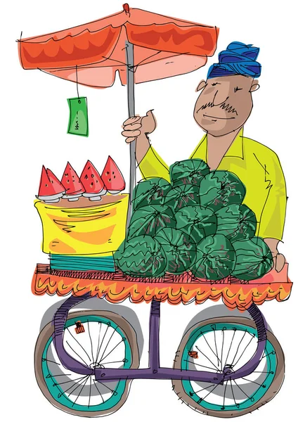 Ein Indischer Straßenhändler Der Wassermelonen Verkauft Karikatur — Stockvektor