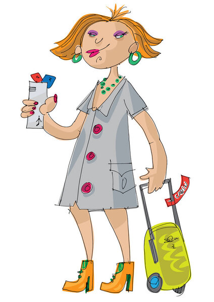an bright young girl passenger is checking and boarding for flight - cartoon - character.