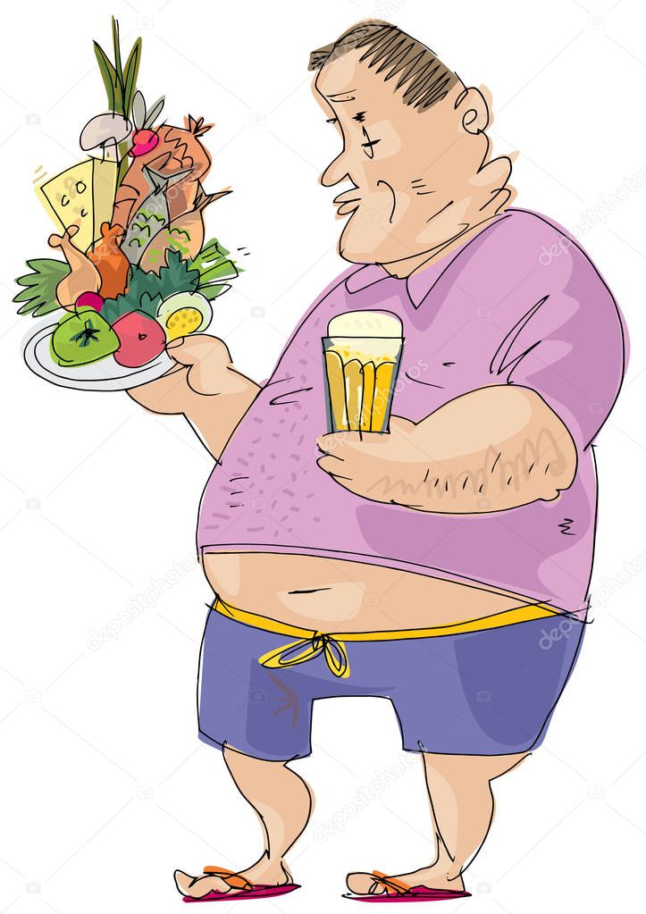 An all inclusive tourist is standing with huge pile of food in the hands. A symbol of food abusing. Character. Cartoon.