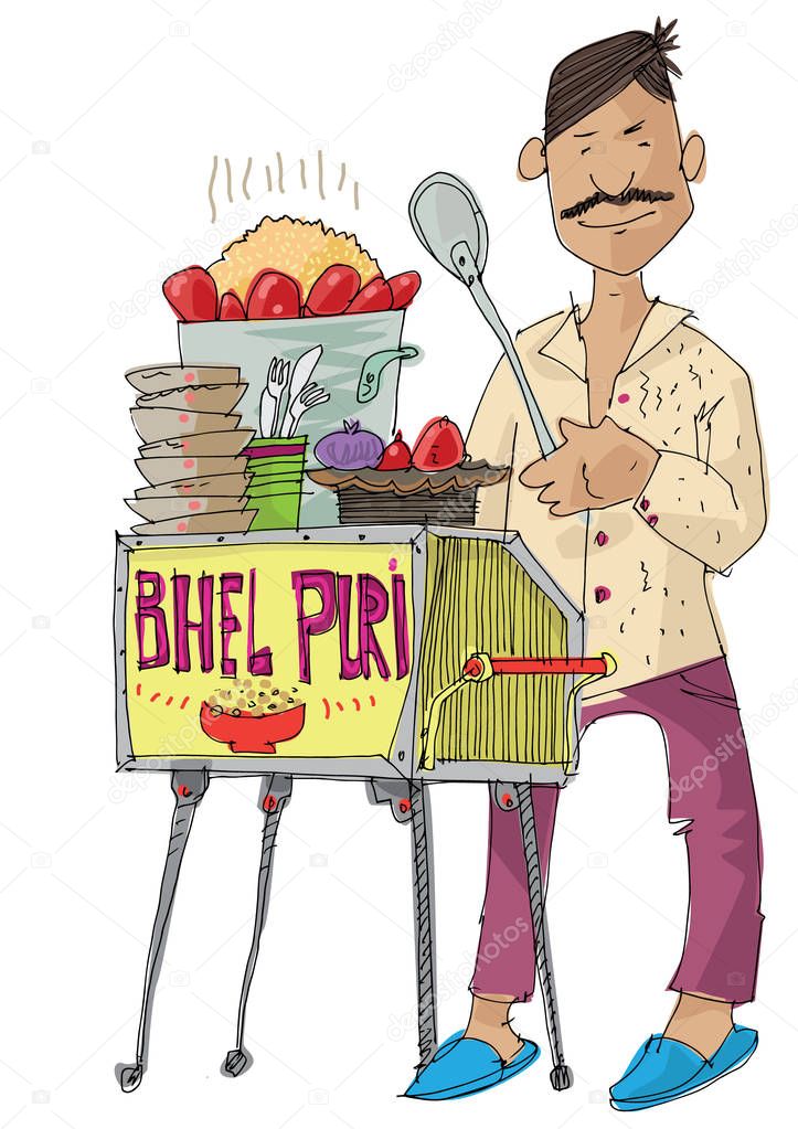 indian street food vendor is selling traditional indian dish BHEL PURI - cartoon