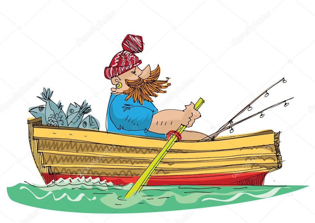 A bearded fisher is rowing in a little boat - cartoon