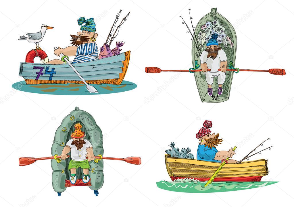 A bearded fisher is rowing in a little boat - cartoon
