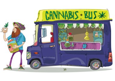 Sakallı bir kenevir satıcısı ticaret otobüsünün yanında duruyor. Kenevir festivali. Sokaklarda yabani ot satışı. Çizgi film. Karikatür.
