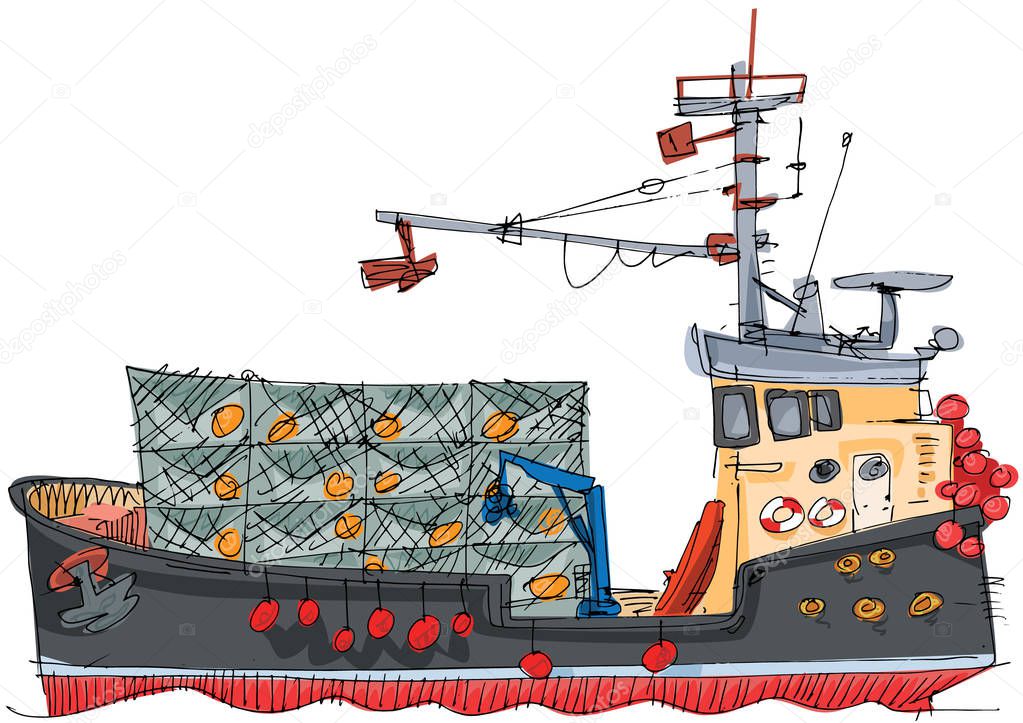 Big ocean diesel fish boat for crab fishing. Industrial crabbing catch. Cartoon. Caricature.