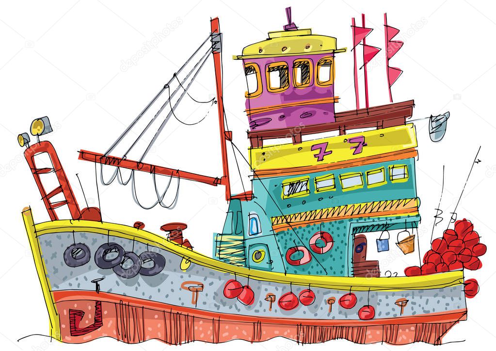 A traditional taiwanese diesel fishing boat. Cartoon. Caricature.