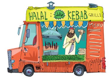 Güzel helal yemek kamyonu. İçinde satıcı olan sokak yemeği karavanı. Doğu yemekleri şefi kebap ve ızgara yapar. Çizgi film. Karikatür.