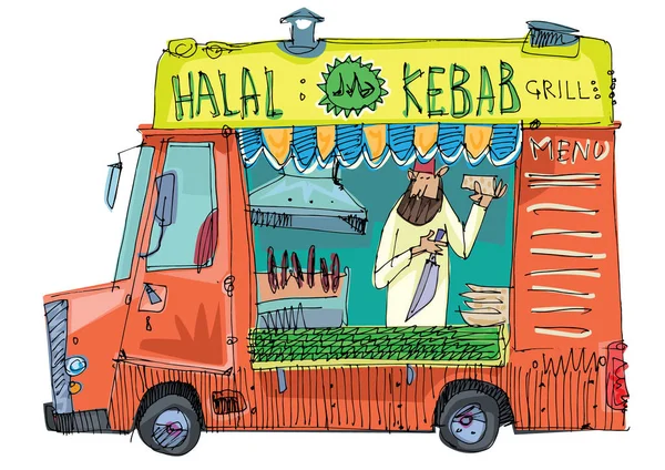 Söt Halal Food Truck Gatukök Släpvagn Med Leverantör Inuti Östra — Stock vektor