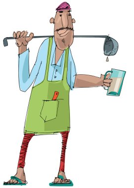 Fincandan fincana çay dolduran Hintli bir çay satıcısı. Çizgi film. Karikatür.