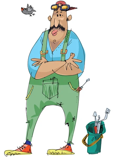 Hezký Mechanik Uniformě Karikatura Karikatura — Stockový vektor