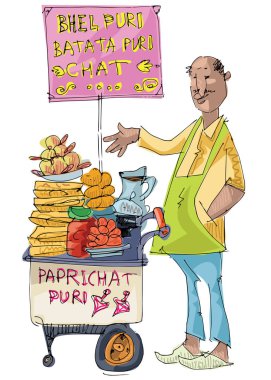 Hint sokak gıda satıcı satmak geleneksel Hint yemek Bhel Puri - çizgi film