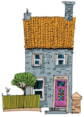 Bitkiler ve çitlerle çevrili eski bir İngiliz evinin klasik ön cephesi. Çizgi film. Karikatür.