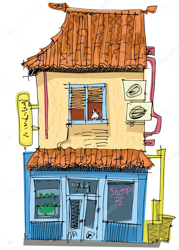 A vintage traditional facade of old japanese store with residence at second floor. Cartoon. Caricature.