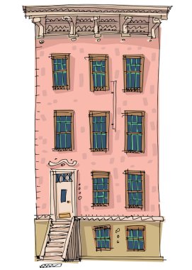 Geleneksel bir Amerikan şehir ön cephesi, yangın merdivenleri olan bir ev. Çizgi film. Karikatür. New York 'un eski yüzü.
