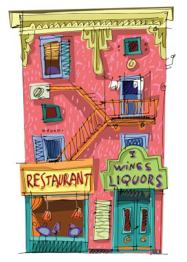Eski likör dükkanı ve restoranının klasik bir dış görünüşü. Çizgi film. Karikatür.