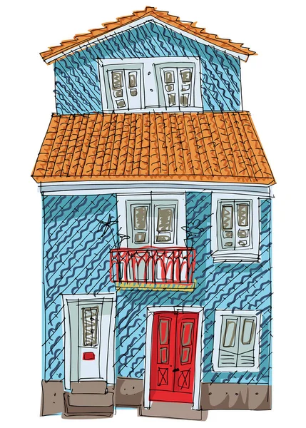 Una Tradizionale Facciata Piastrellata Lisbona Con Balcone Cartone Animato Caricatura — Vettoriale Stock