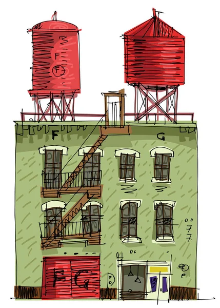 Két Tetőtéri Víztartály Egy New York Régi Lakóépületben Földszinten Bolttal Jogdíjmentes Stock Illusztrációk