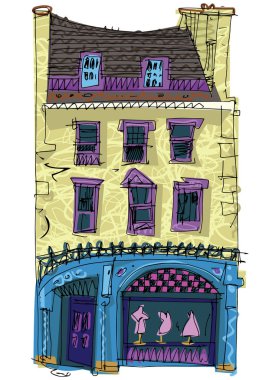 Zemin katında giyim mağazası olan eski moda şehir evi. Şirin malikanenin klasik görünüşü. Çizgi film. Karikatür.