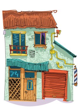Çöplerden ve ara sıra kullanılan malzemelerden inşa edilmiş gecekondu mahallesi aşırı nüfuslu bir ev. Çizgi film. Karikatür.