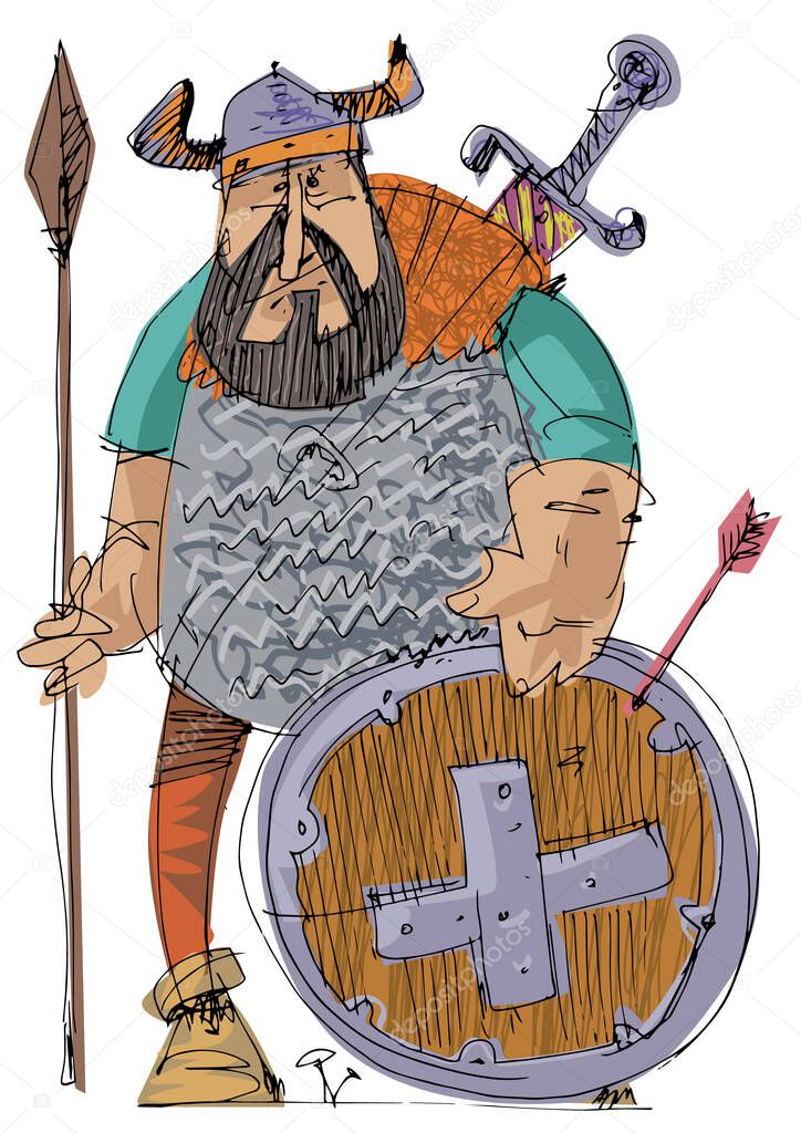 Armored viking with shield and weapons. Cartoon. Caricature.