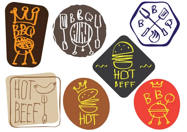 Set Hand Made Calligraphy Logo Stickers Bbq Burgers Sketches Free — Stock Vector