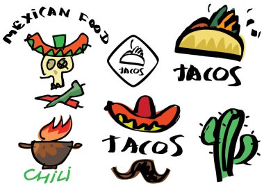 El yapımı grafitiler, el yapımı logo ve Meksika yemeği ve mutfağı için çıkartmalar. Çizimler ve serbest çizgi. Menü, mal, kafe ve restoran dekorasyonları için şablonlar.