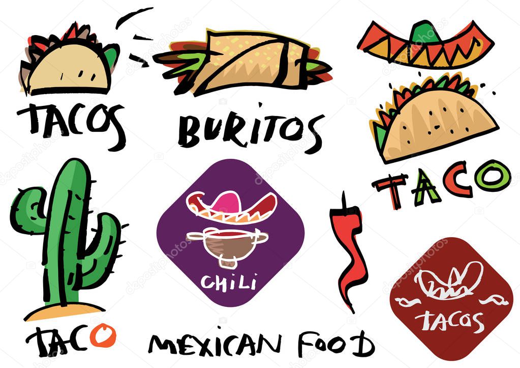 Set of graffiti like hand made calligraphy logo and stickers for MEXICAN FOOD and cuisine. Sketches and free line. Templates for menu, merchandise, cafe and restaurant decorations.