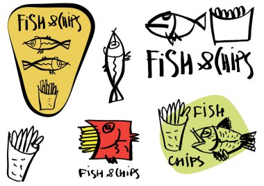 El yapımı graffiti seti. Kaligrafi logosu ve Fish and Chips puanları için çıkartmalar. Çizimler ve serbest çizgi. Menü, mal, kafe ve restoran dekorasyonları için şablonlar.