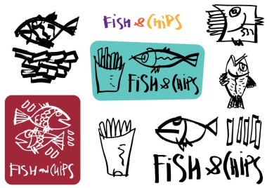 El yapımı graffiti seti. Kaligrafi logosu ve Fish and Chips puanları için çıkartmalar. Çizimler ve serbest çizgi. Menü, mal, kafe ve restoran dekorasyonları için şablonlar.