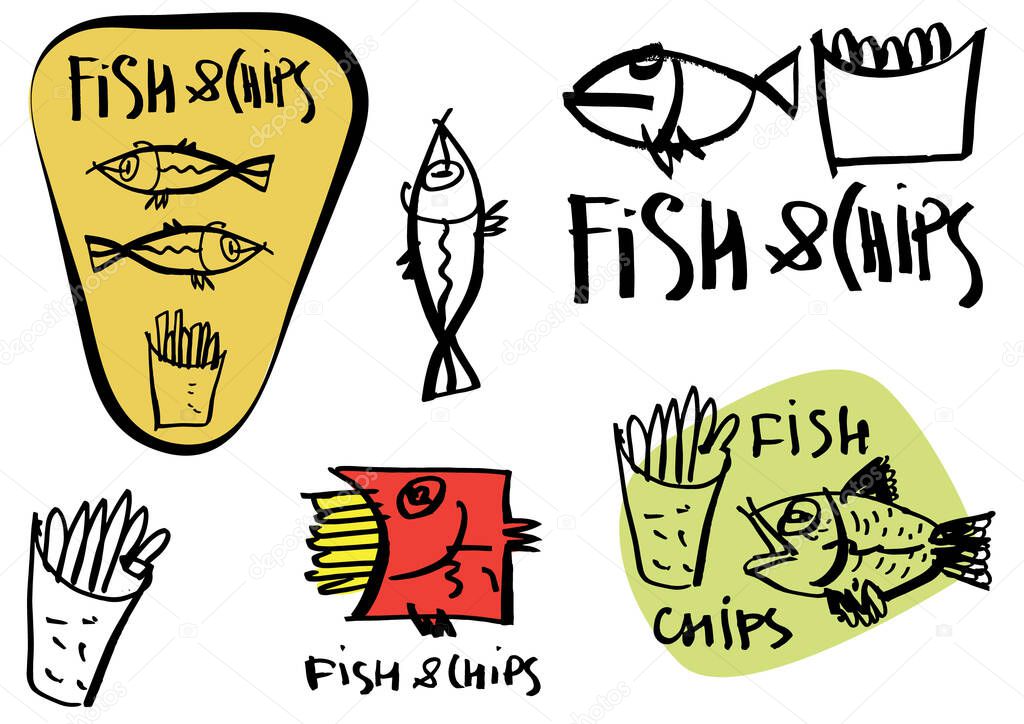 Set of graffiti like hand made calligraphy logo and stickers for FISH and CHIPS points. Sketches and free line. Templates for menu, merchandise, cafe and restaurant decorations.