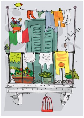 Geleneksel Akdeniz balkonundaki İtalyan bayrağı, koronavirüs salgınının sembolü. Çizgi film. Çizim.