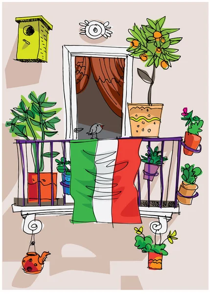 Італійський Прапор Традиційному Середземноморському Балконі Символізує Боротьбу Коронавірусною Пандемією Картун — стоковий вектор