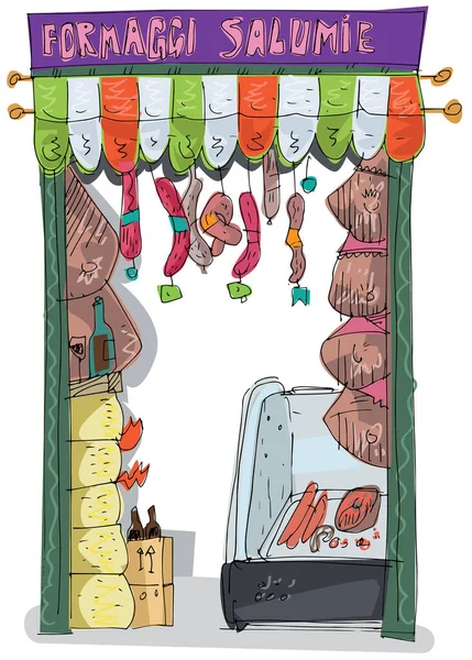 Tradiční Italský Potravinářský Obchod Plný Klobásy Slaniny Sýra Dalších Tradic — Stockový vektor