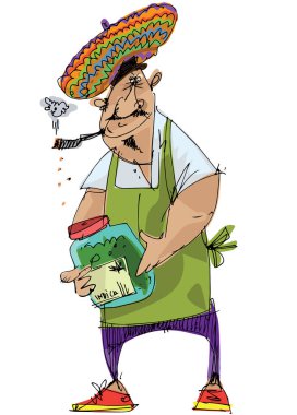 Yamayka tarzı bereli bir kenevir satıcısı marihuana yaprağı ve büyük bir şişe ot tutuyor. Karikatür. Çizgi film.