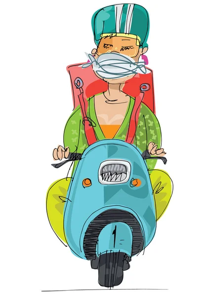 Courrier Avec Grande Boîte Masque Médical Scooter Équitation Service Livraison — Image vectorielle