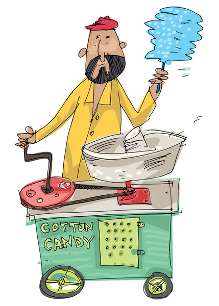 Indischer Straßenhändler Stellt Zuckerwatte Her Und Bietet Sie Karikatur Skizze — Stockvektor