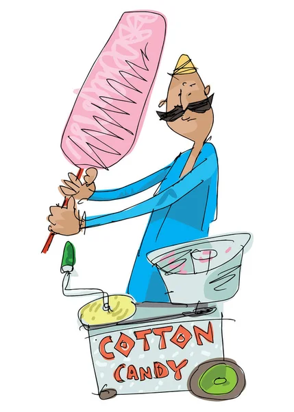 Indian Street Vendor Making Offering Cotton Candy Cartoon Sketch Caricature — Stock Vector