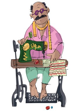 Hintli bir sokak terzisi iş yerinde pedal makinesiyle dikiş dikiyor. Karikatür. Çizim.