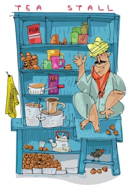 Şirin küçük dükkanında yerli bir Hint çay satıcısı. Çay hazırlamak ve satmak çay ve baharatlar. Çizgi film, karikatür, çizim.