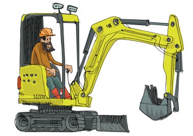 Sakallı operatörle küçük şirin bir kazıcı kontrolü. El çizimi karikatür. Çizim.