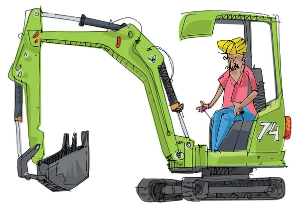 Pequeño Control Excavadora Lindo Con Operador Indio Turbante Caricatura Dibujada — Vector de stock